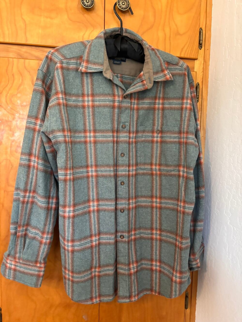 Pendleton Wool Plaid Flannel Shirt Men’s L Sage Rust Elbow Patch Outdoors